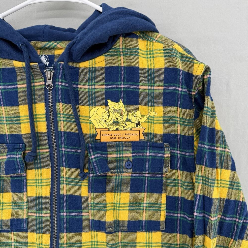 Disney Three Caballeros Donald Duck Zip Flannel Hoodie XS Full Zip Yellow Blue - Picture 4 of 11